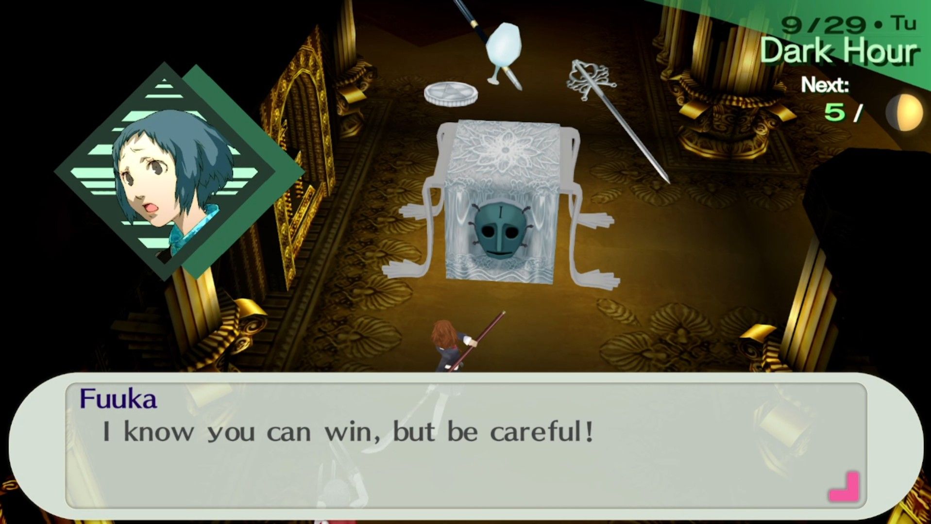 fuuka warning the team to be careful against sleeping table in persona 3 portable