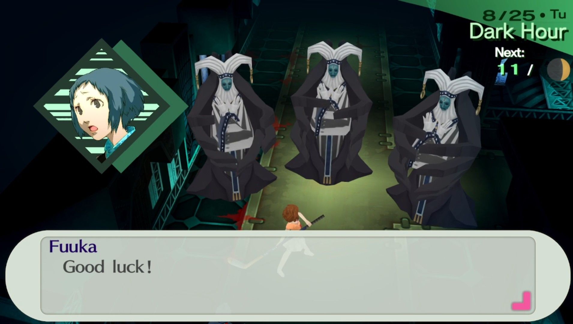 fuuka wishing the female protagonist luck against the three magical magus enemies in persona 3 portable