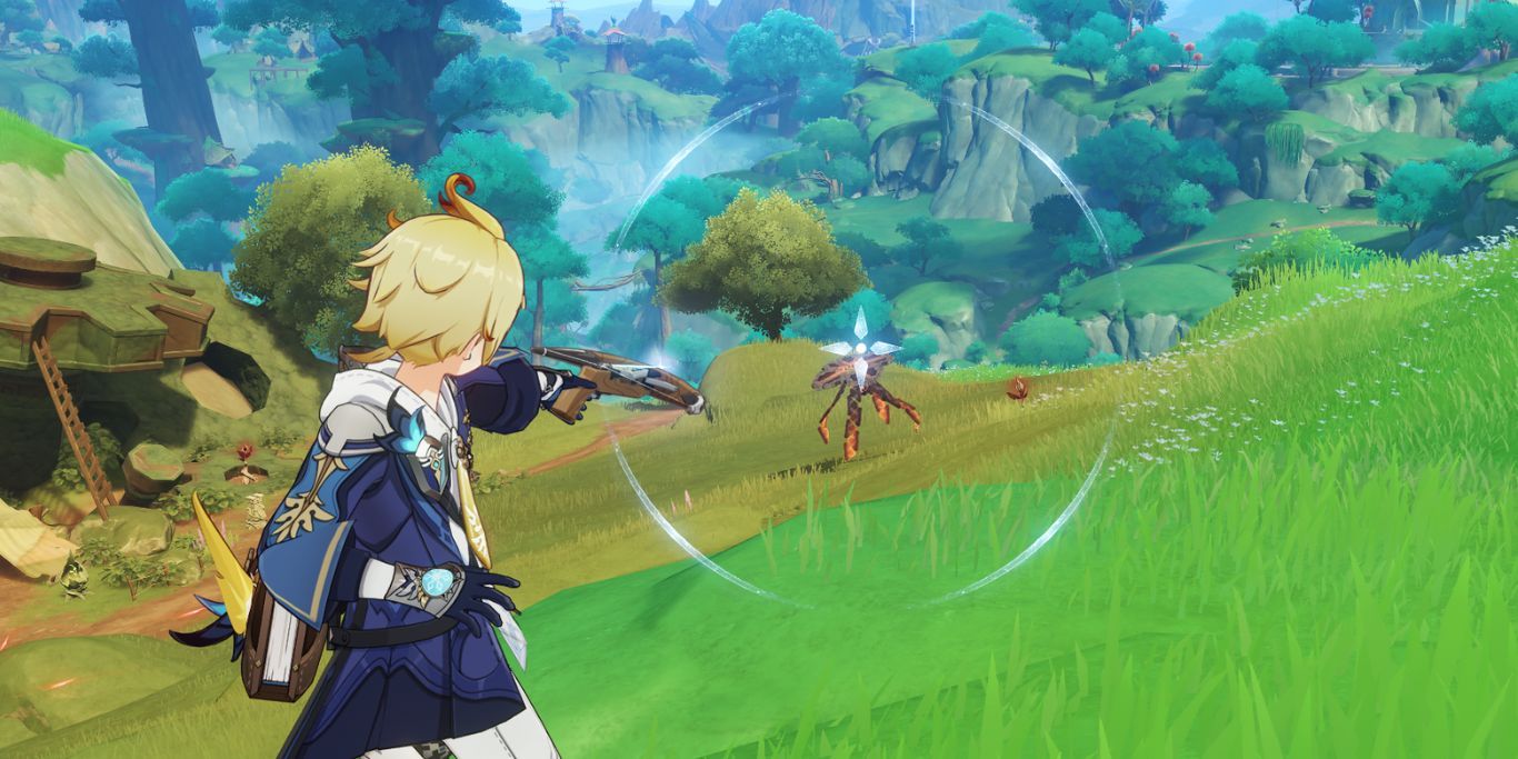 Genshin Impact Mika Aiming Crossbow At Ruin Machine