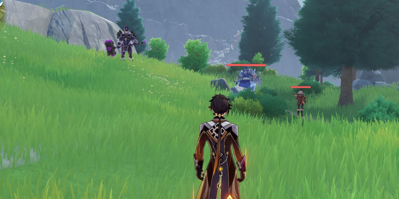 Genshin Impact Zhongli Looking At Fatui Skirmishers