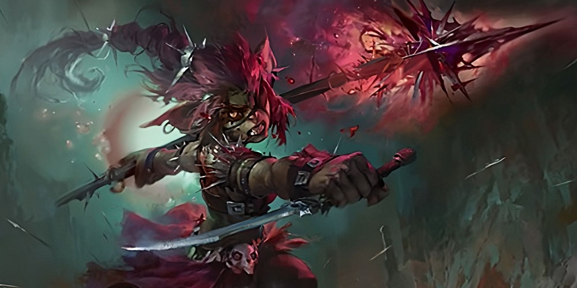 A pinked haired goblin wields a dagger and a glowing spear