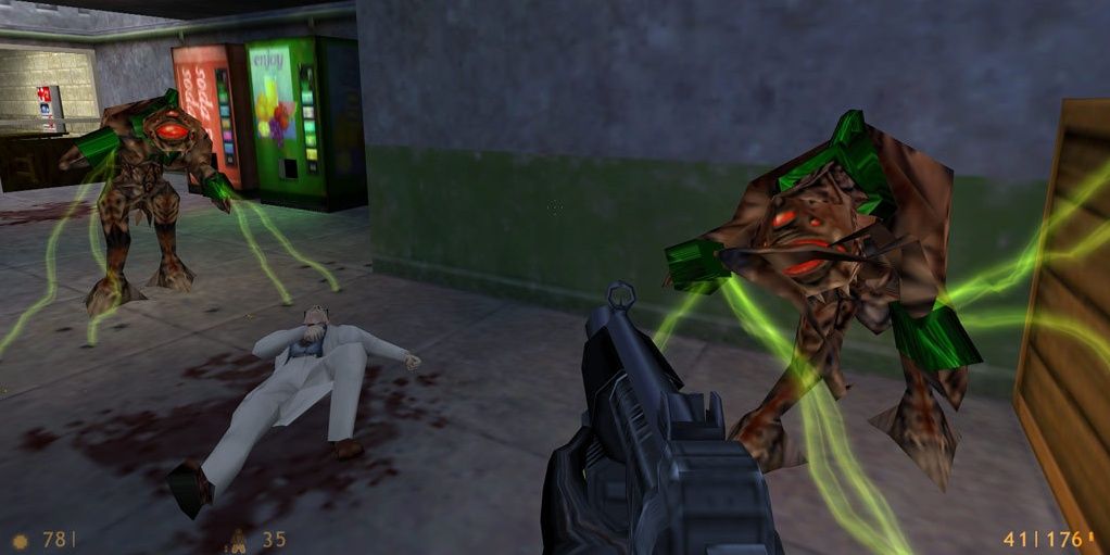 Gordon Freeman fighting Xen aliens