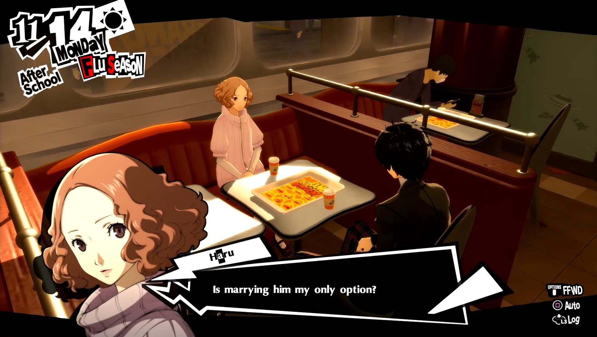haru asking joker at big bang burger if she has to marry her fiance in persona 5 royal