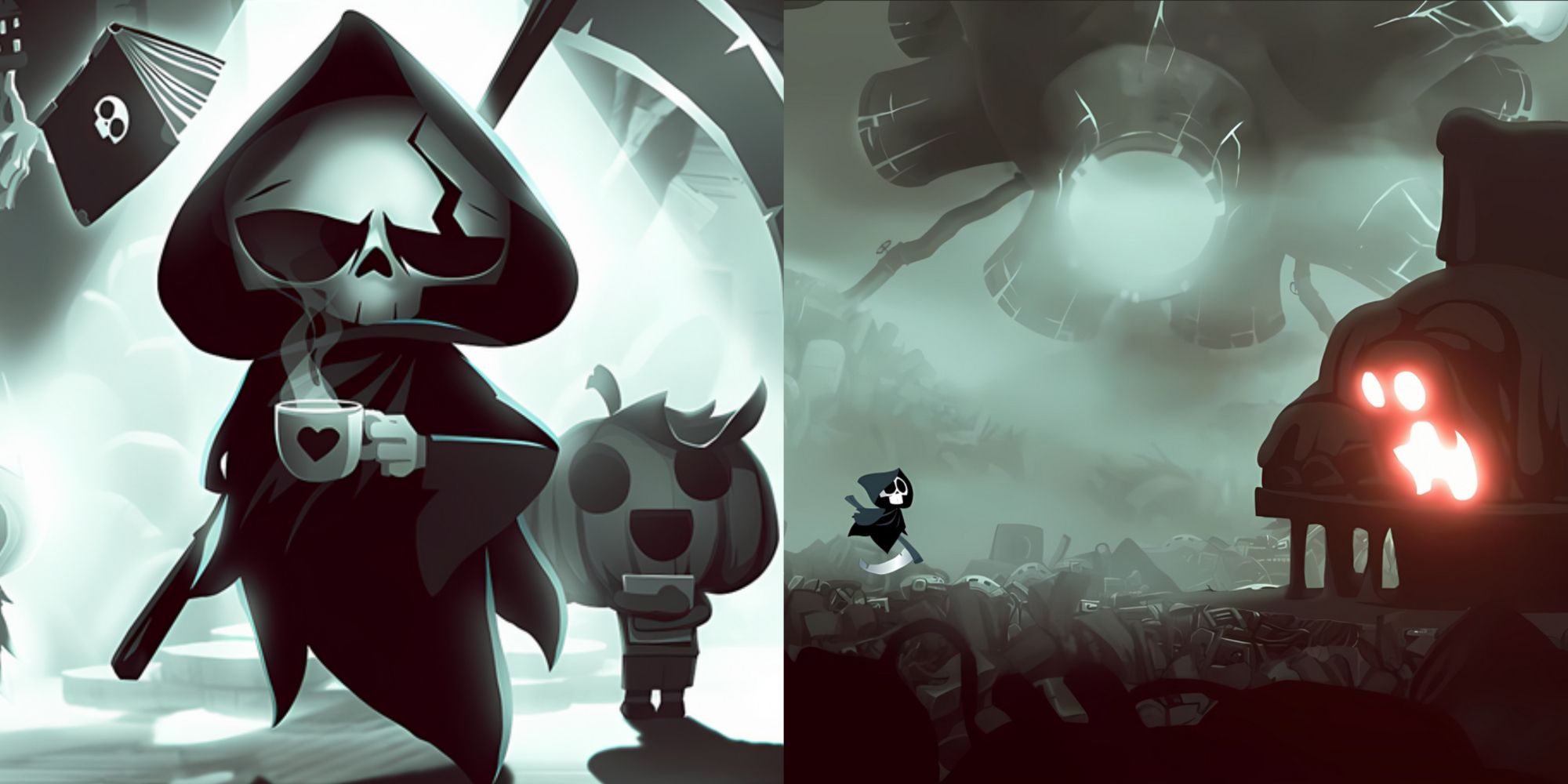 have a nice death cover art with grim reaper and pumpkin intern and gameplay against large enemy