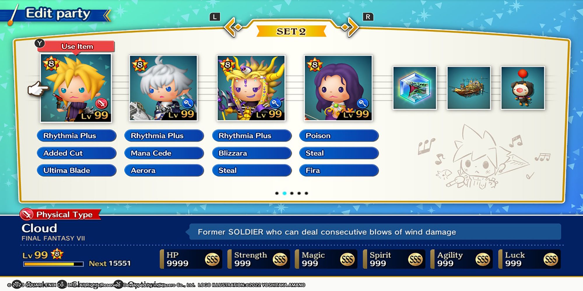Four Star Level 8 characters, Cloud, Alphinaud, The Emperor, and Maria, in a high-level party for Theatrhythm: Final Bar Line.