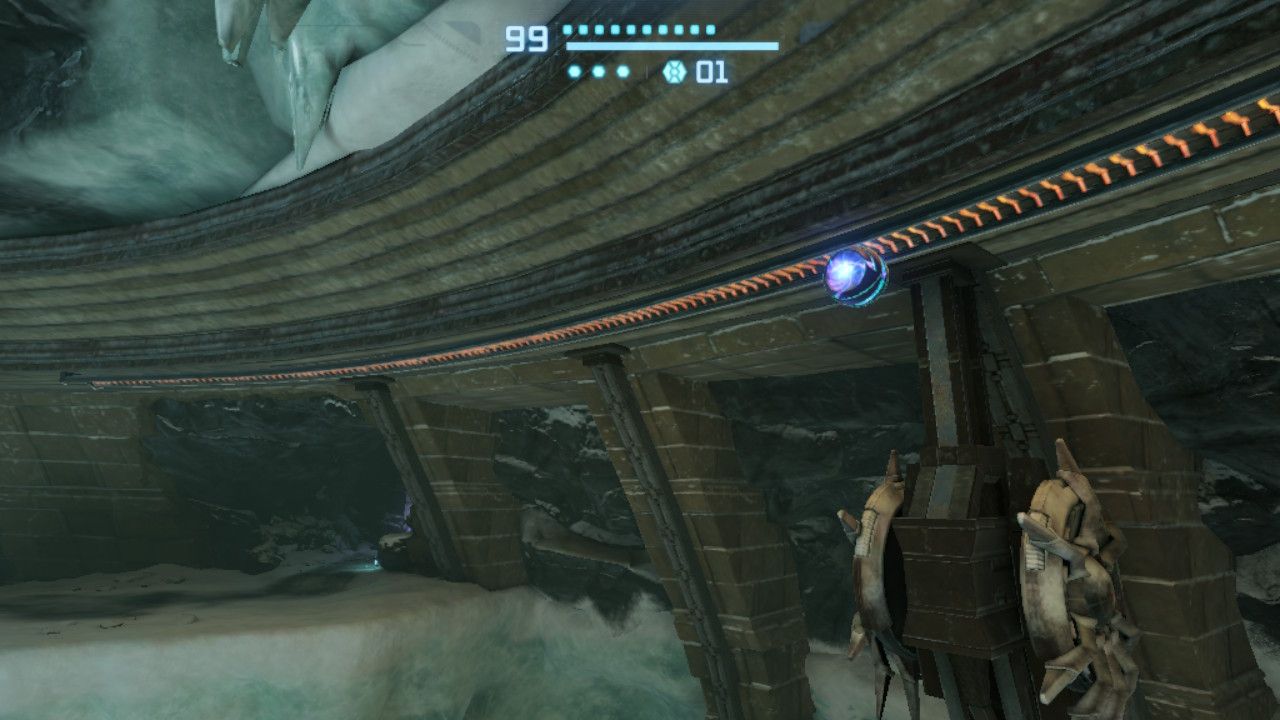 Ball-form Samus rolls along a spider ball track above the boss arena