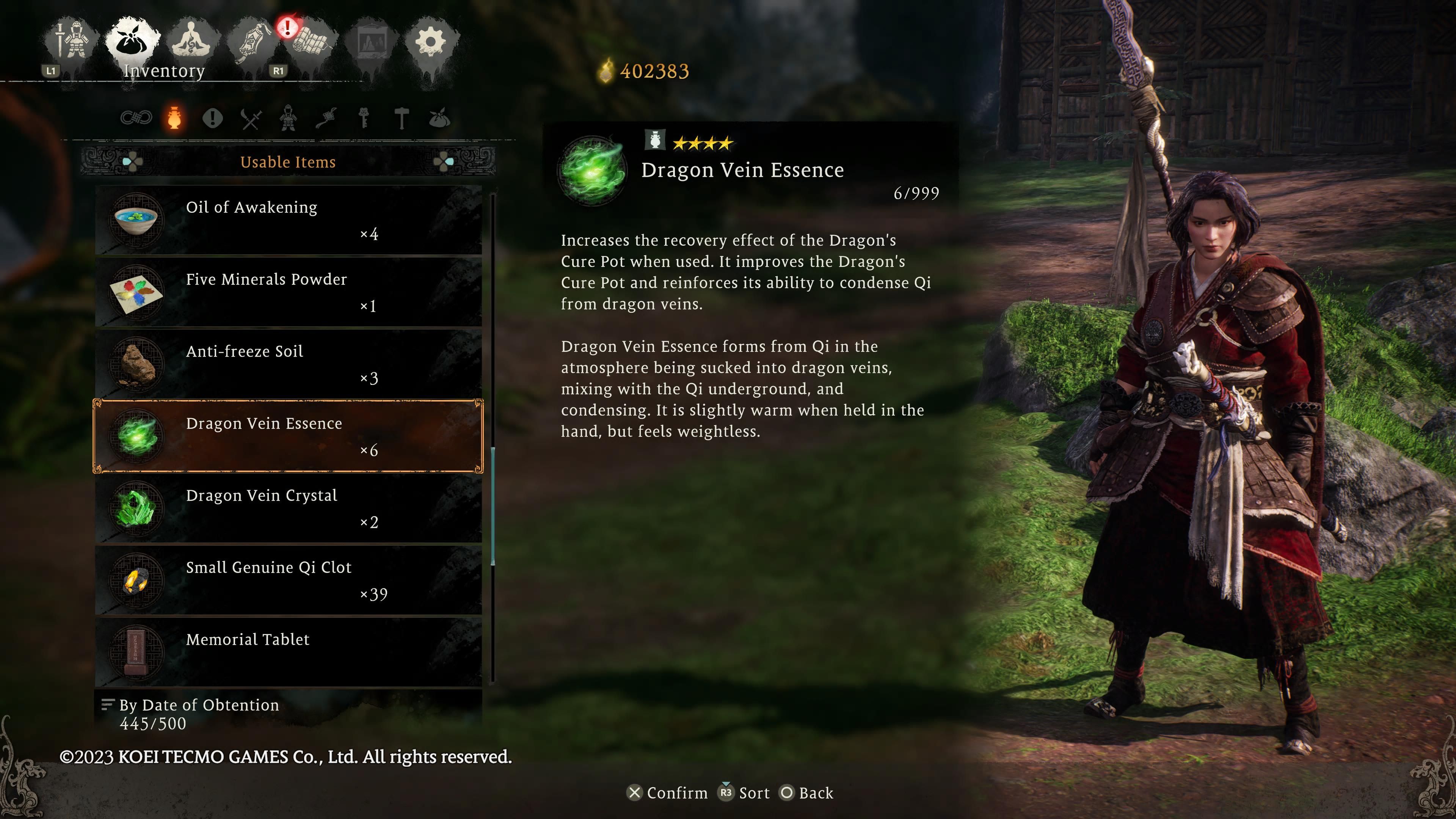 Wo Long: Fallen Dynasty - Dragon Vein Essence shown in the inventory menu with our character on the right
