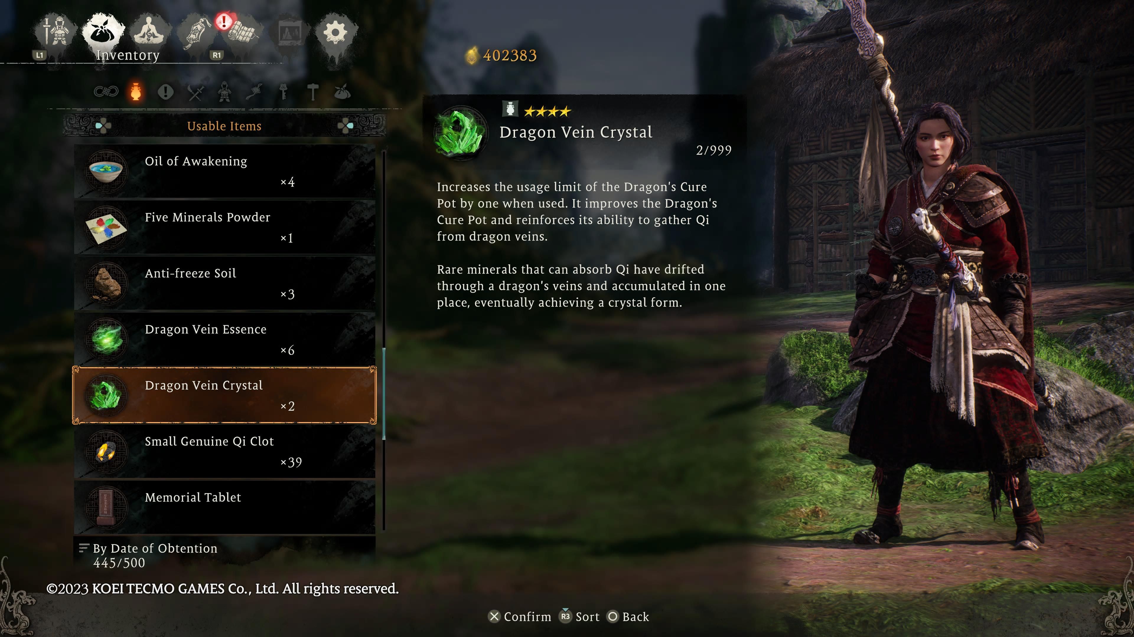 Wo Long: Fallen Dynasty - Dragon Vein Crystal information screen in the inventory menu