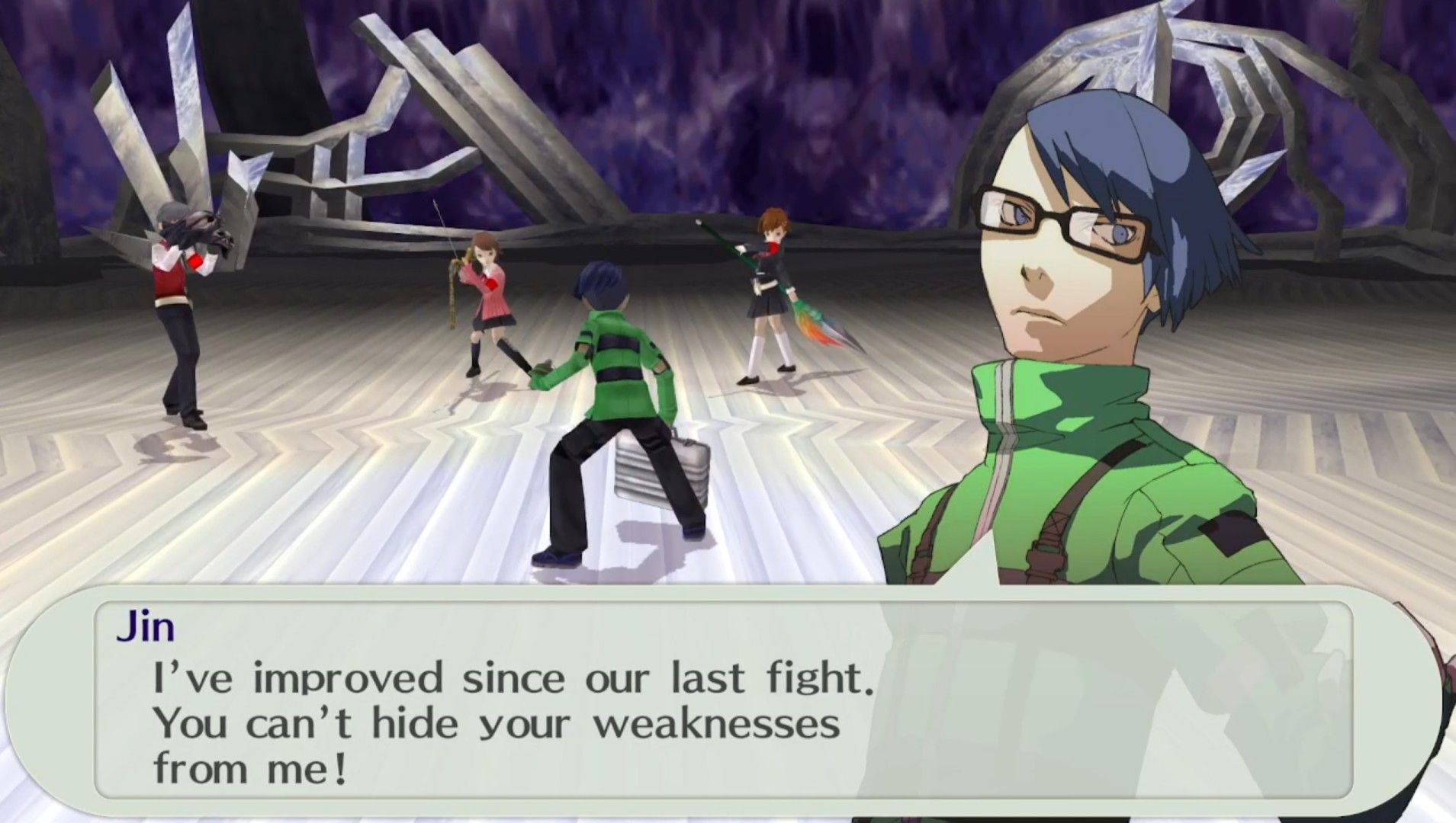 jin telling the female protagonist, akihiko, and yukari that he knows their weaknesses in persona 3 portable