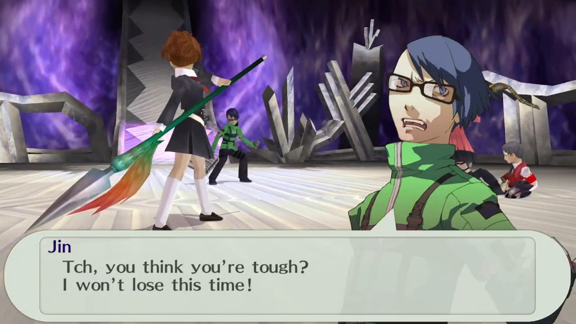 jin threatening the female protagonist and a downed akihiko in persona 3 portable