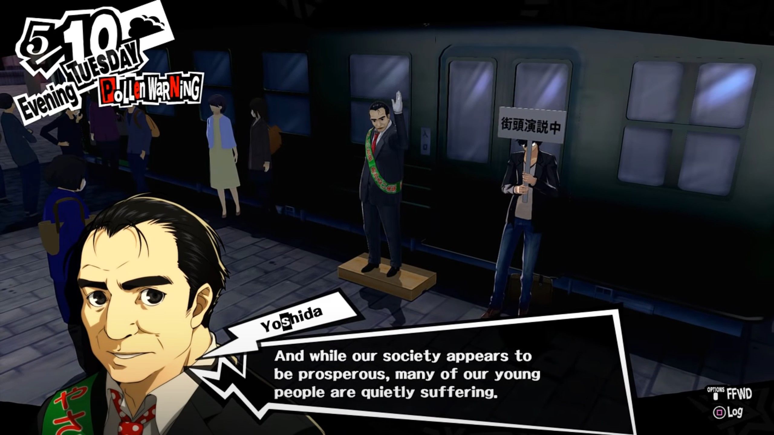joker helping toranosuke yoshida give a speech outside shibuya station on 5-10 in persona 5 royal about young people suffering