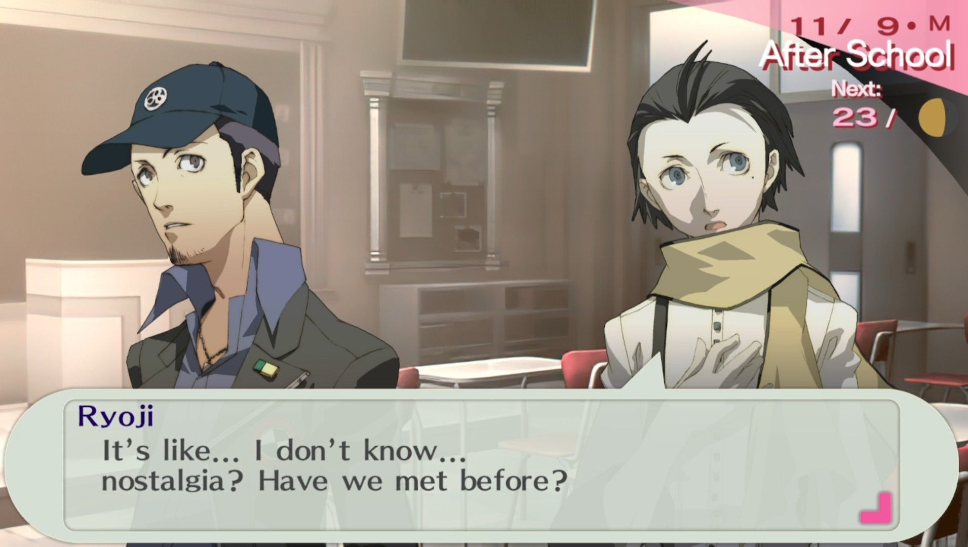 junpei and ryoji in the classroom at gekkoukan high, introducing ryoji to the female protagonist in persona 3 portable