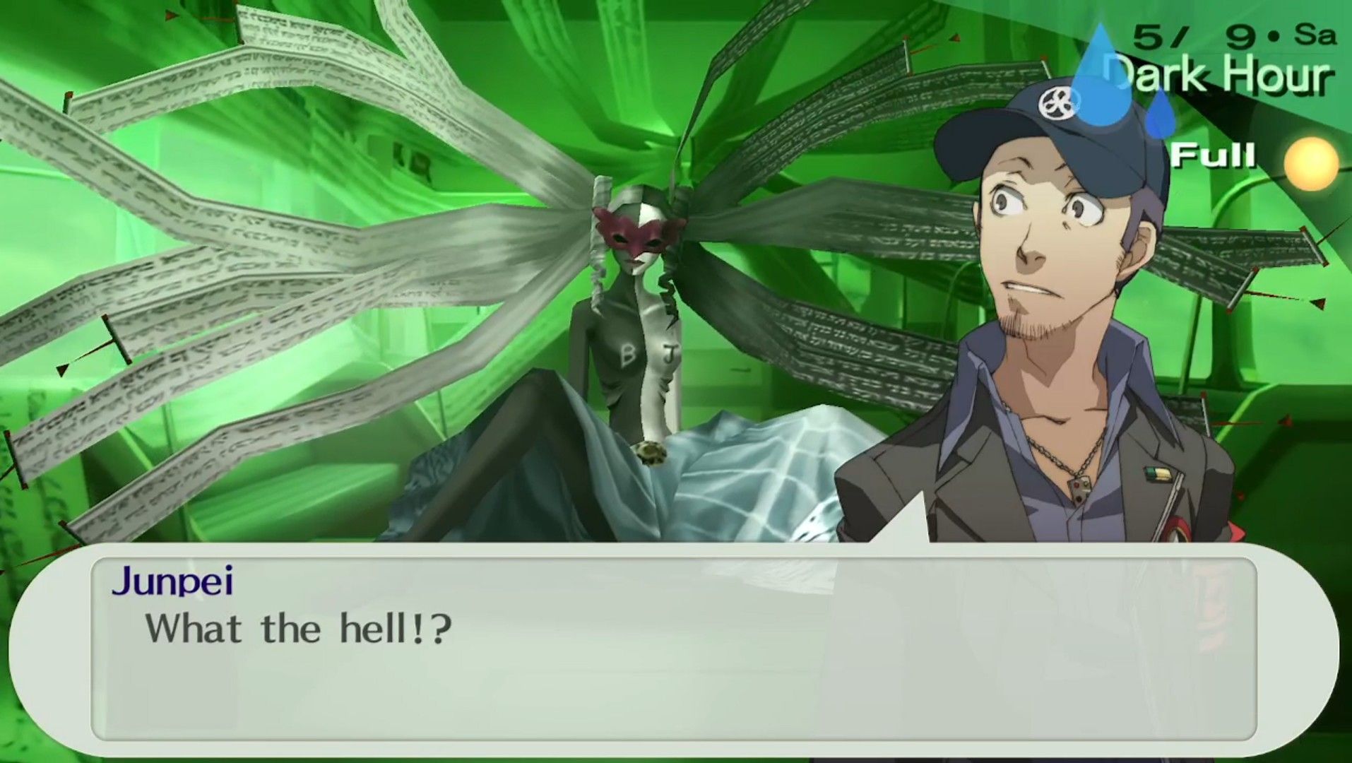 junpei anxiously reacting to arcana priestess on the first full moon operation in persona 3 portable