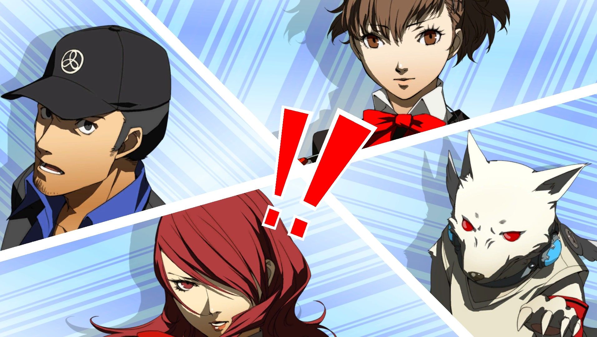 junpei, mitsuru, koromaru, and the female protagonist on an all-out attack screen from persona 3 portable