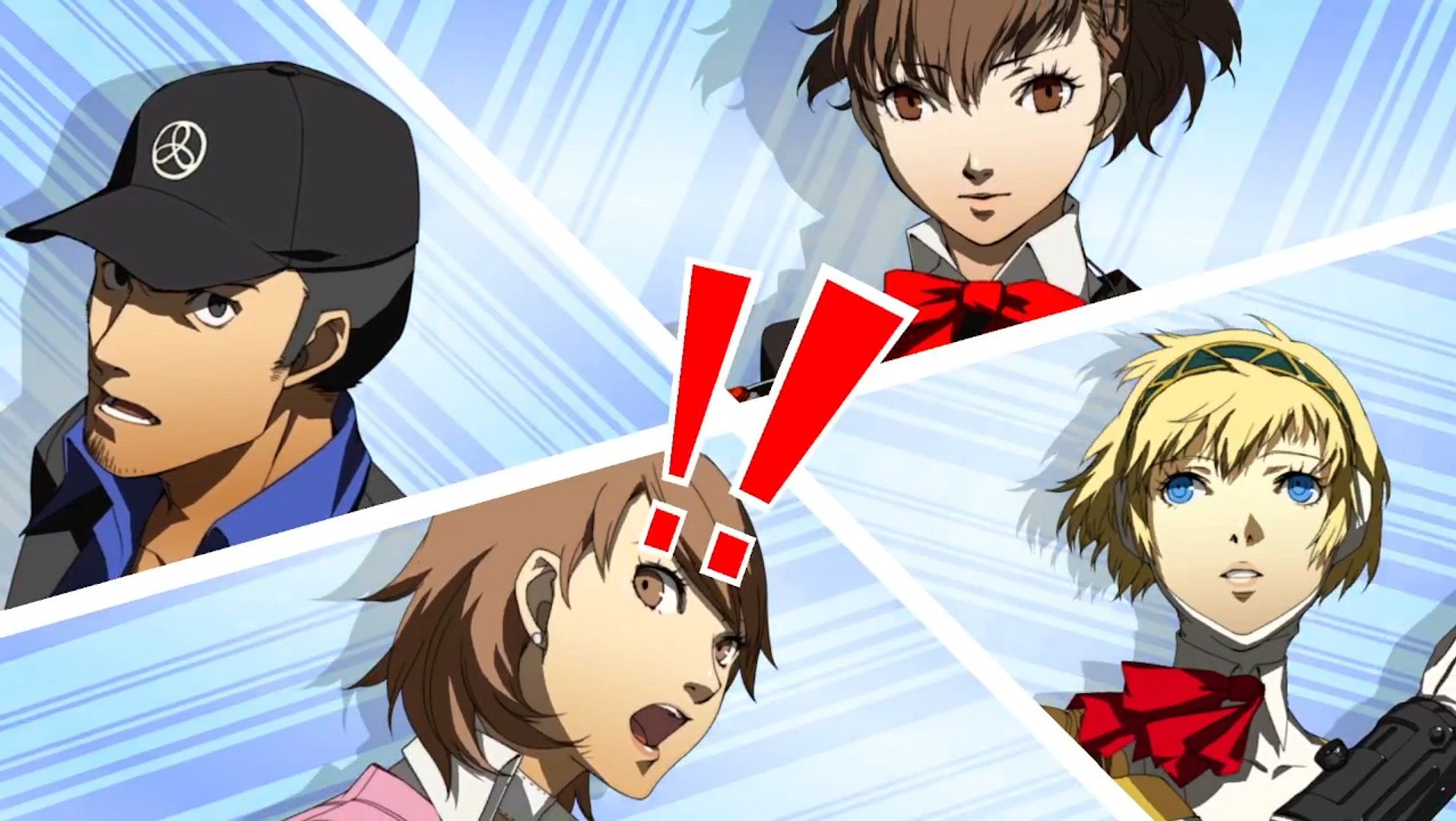 junpei, yukari, aigis, and the female protagonist of persona 3 portable on an all-out attack screen