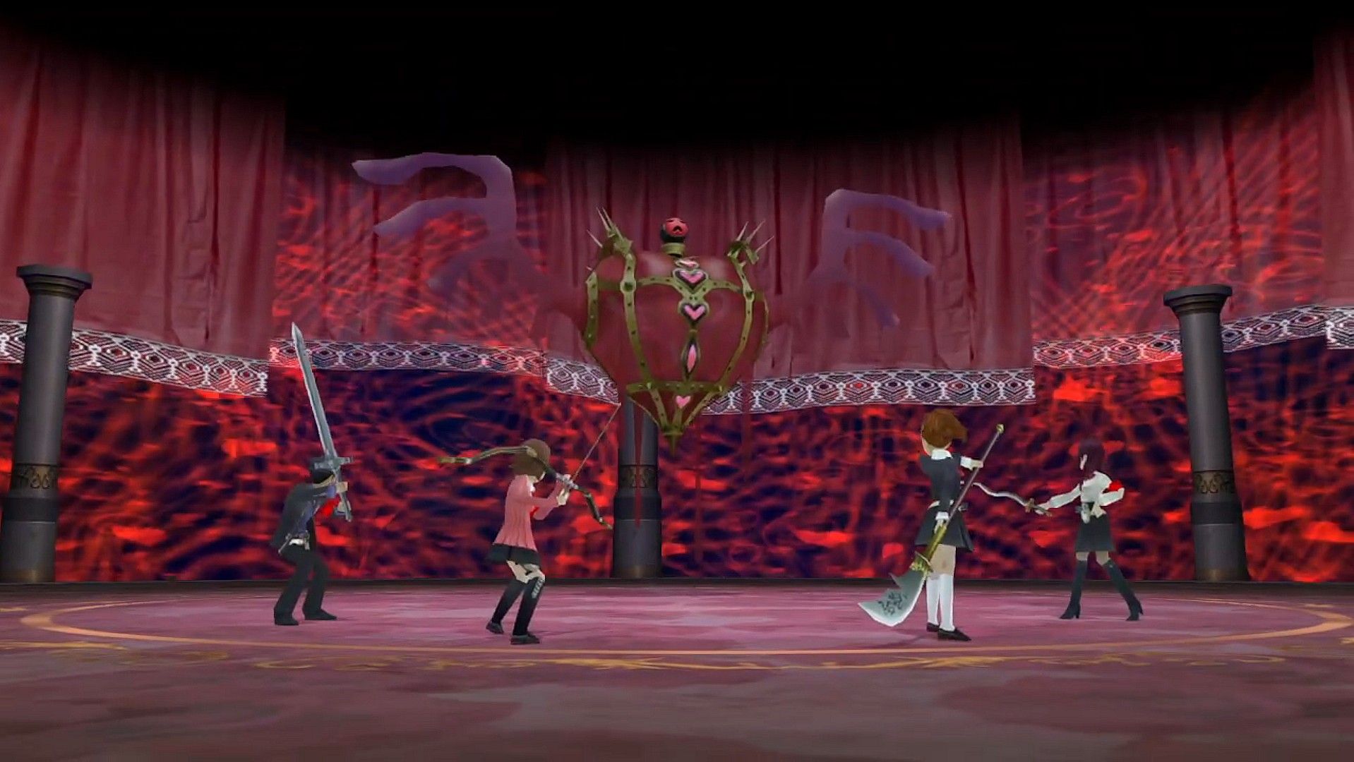 junpei, yukari, the female protagonist, and mitsuru about to fight the lovers full moon boss in persona 3 portable