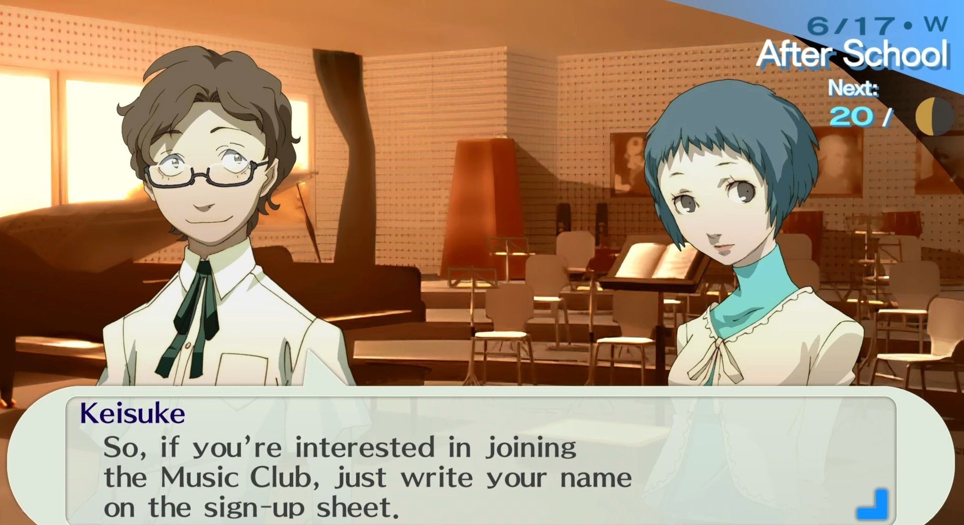 keisuke and fuuka in the music room, with keisuke inviting the male protagonist to join the club in persona 3 portable