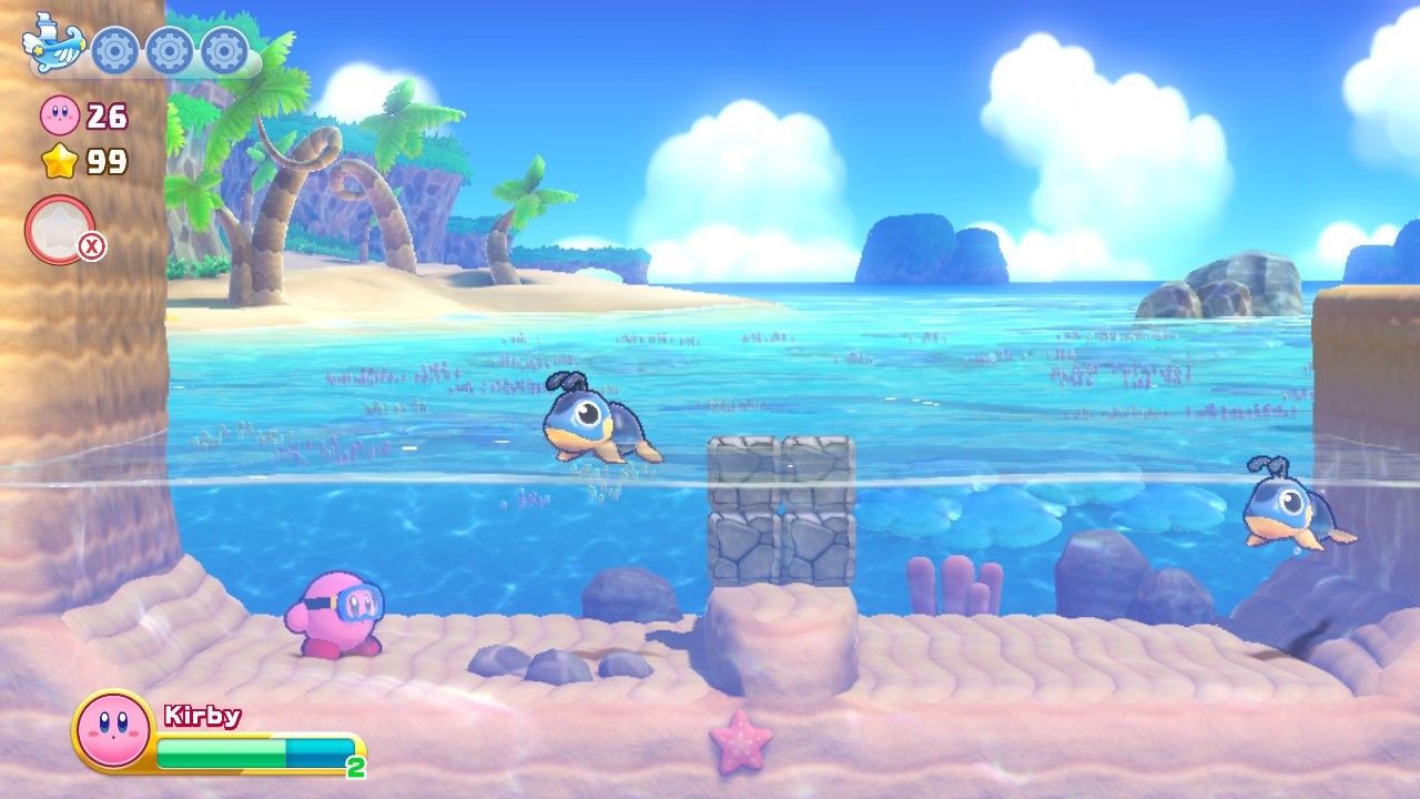 Kirby under the water in Onion Ocean Stage One Third Section