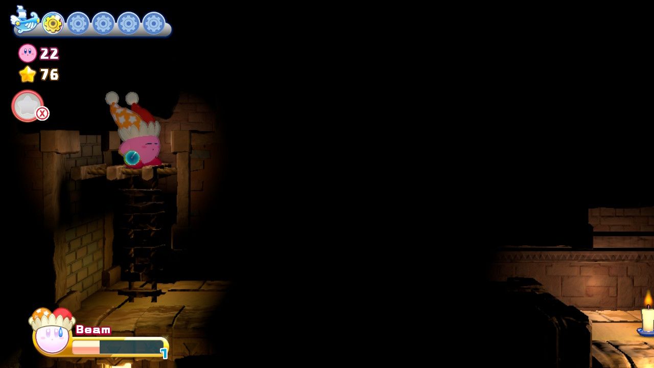 Kirby in a dark room Raisin Ruins Stage Four Section Three