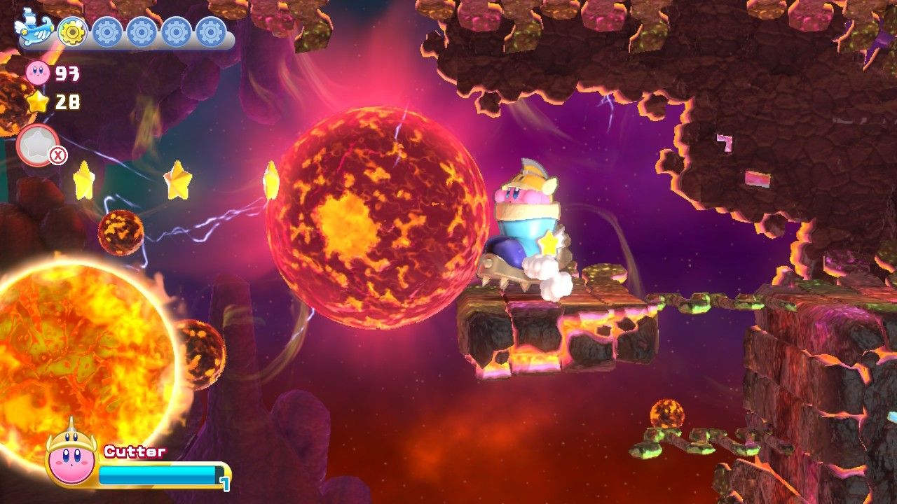 Kirby's Return To Dream Land Deluxe Dangerous Dinner Stage Three Jumping Across Fireballs