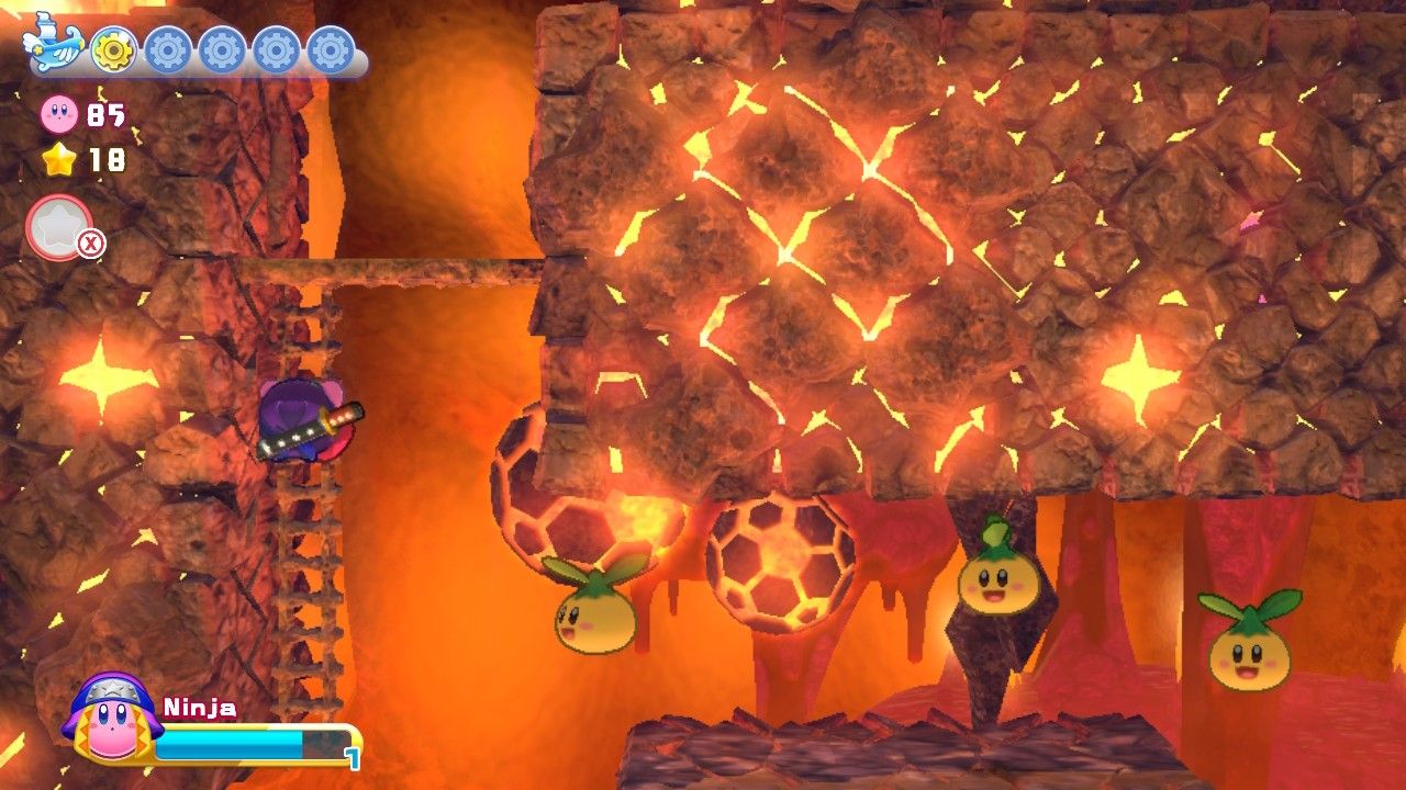Kirby's Return To Dream Land Deluxe Dangerous Dinner Stage Two Bomb Enemies Ahead of Kirby