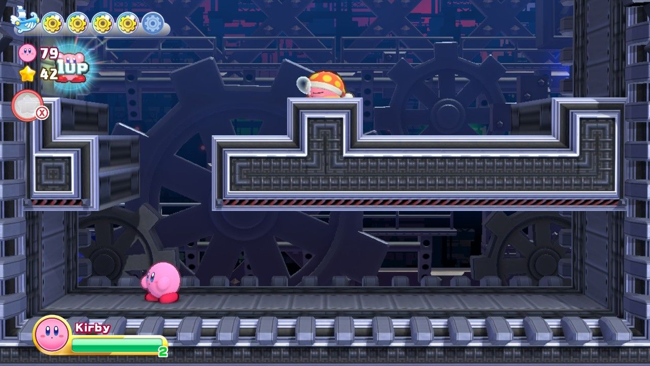 Kirby's Return To Dream Land Deluxe Egg Engines Stage Five Kirby Beneath Life-Up And Sleeping Enemy