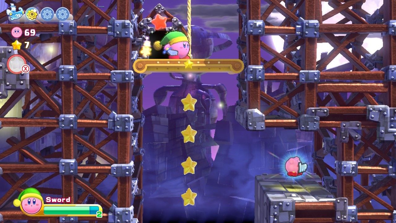 Kirby's Return To Dream Land Deluxe Egg Engines Stage One Kirby About To Cut Rope To Get Life Up