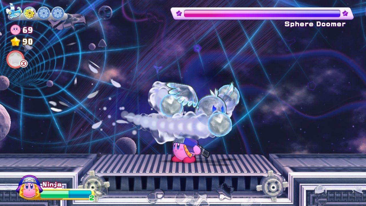 Kirby's Return To Dream Land Deluxe Egg Engines Stage One Sphere Doomer Attacking Kirby