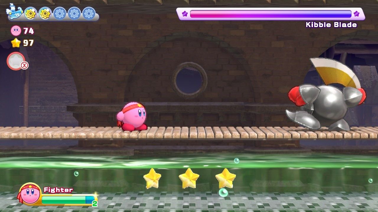 Kirby's Return To Dream Land Deluxe Egg Engines Stage Three Kibble Blade Aims At Kirby
