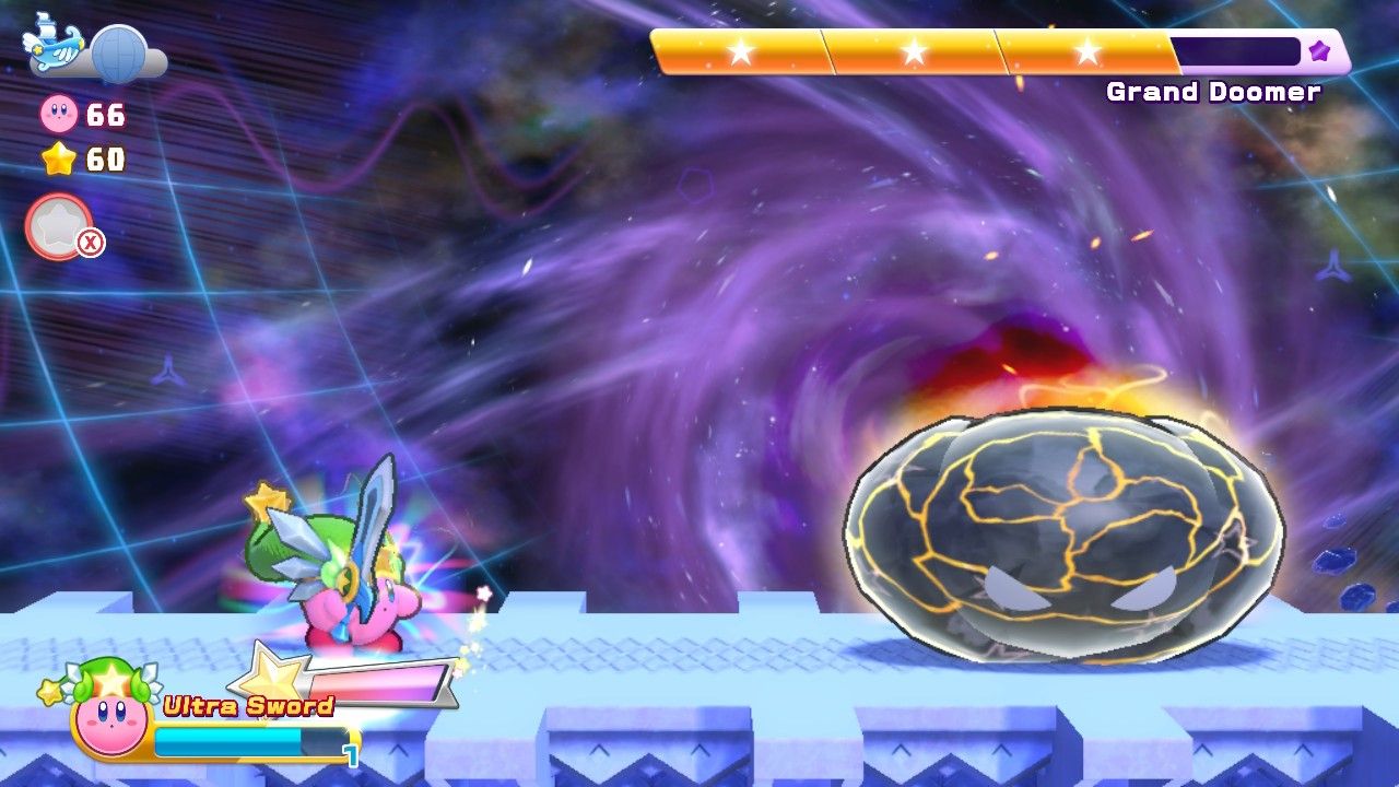 Kirby with the Ultra Sword Super Ability as the Grand Doomer prepares to attack