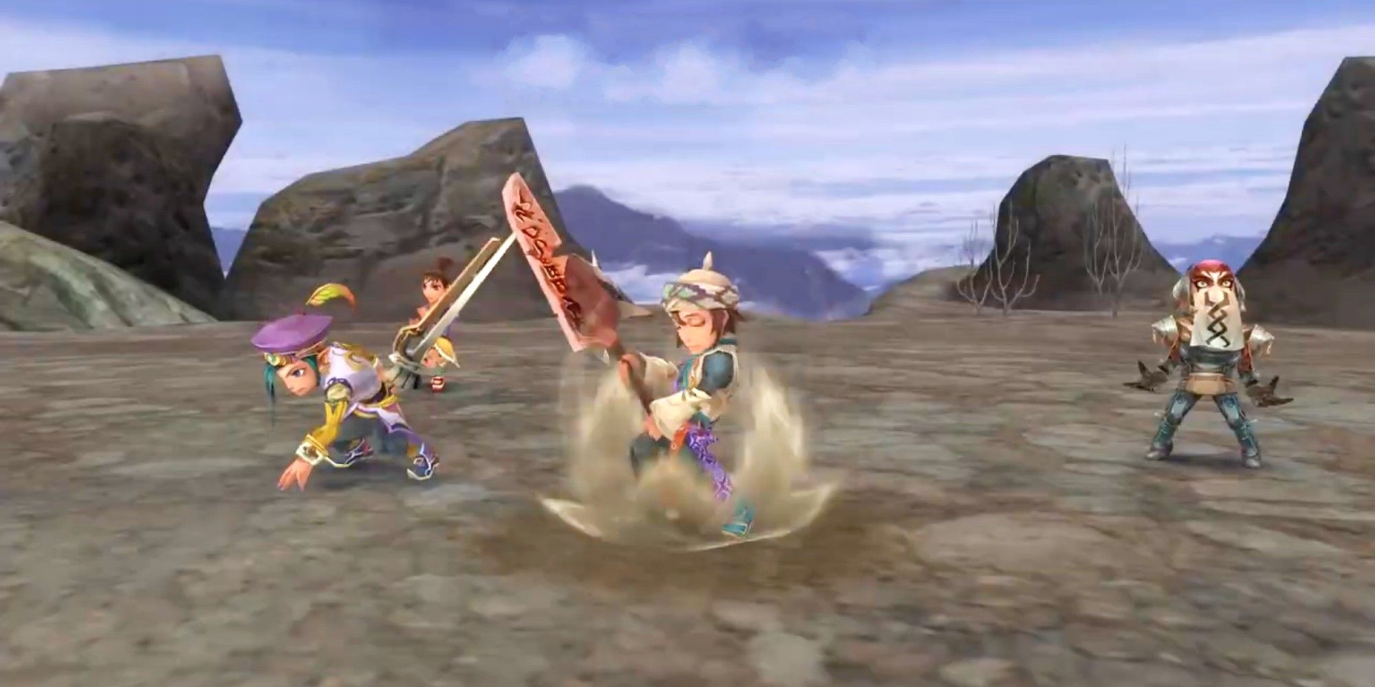 Kjar Sentinel powers up an attack holding a big sword as two party member are on each of his sides - Romancing Saga- Minstrel Song
