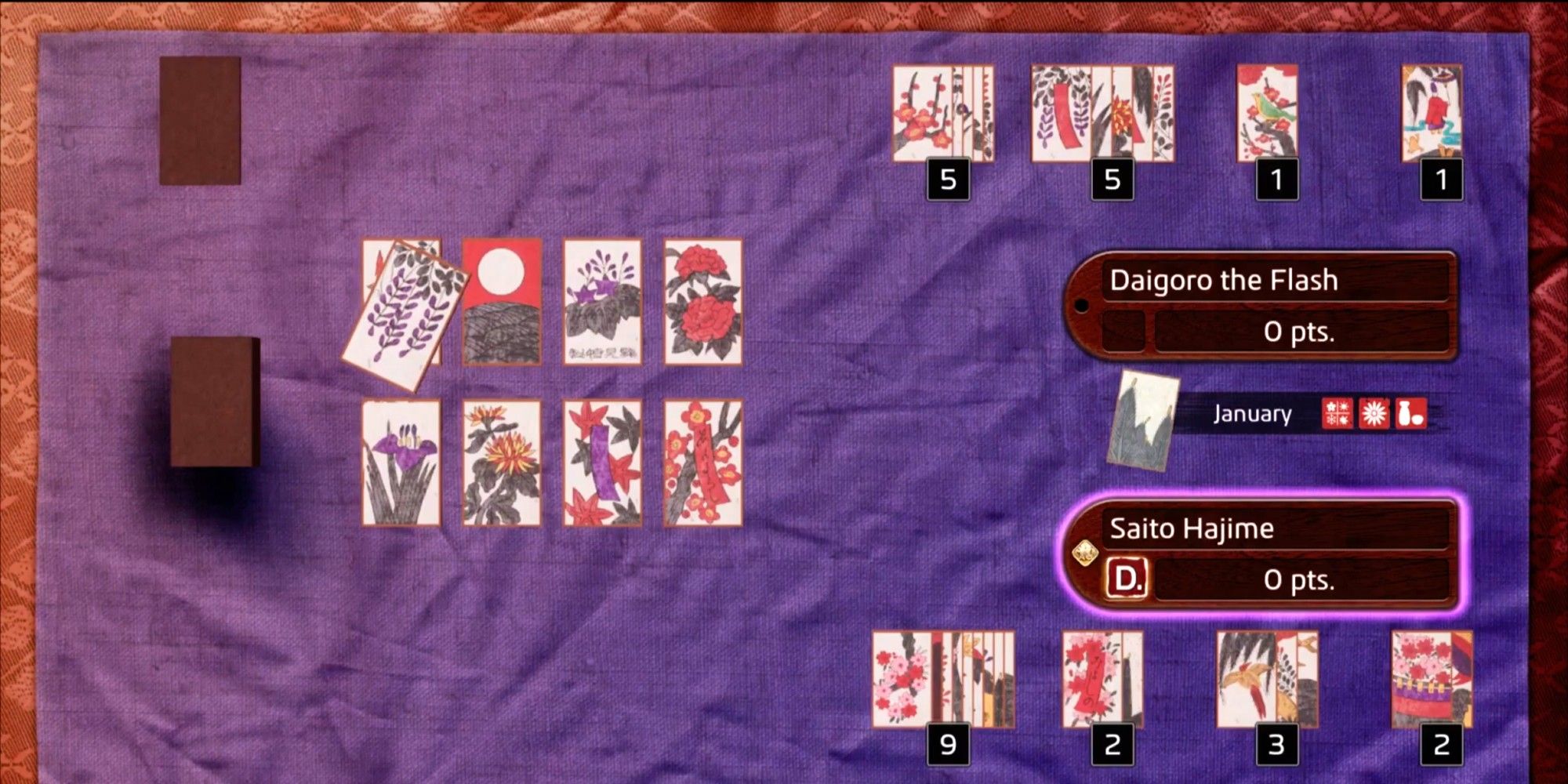 Koi Koi uses painted pictures of scenery with the opponents' names across from each other. - Like A Dragon Ishin
