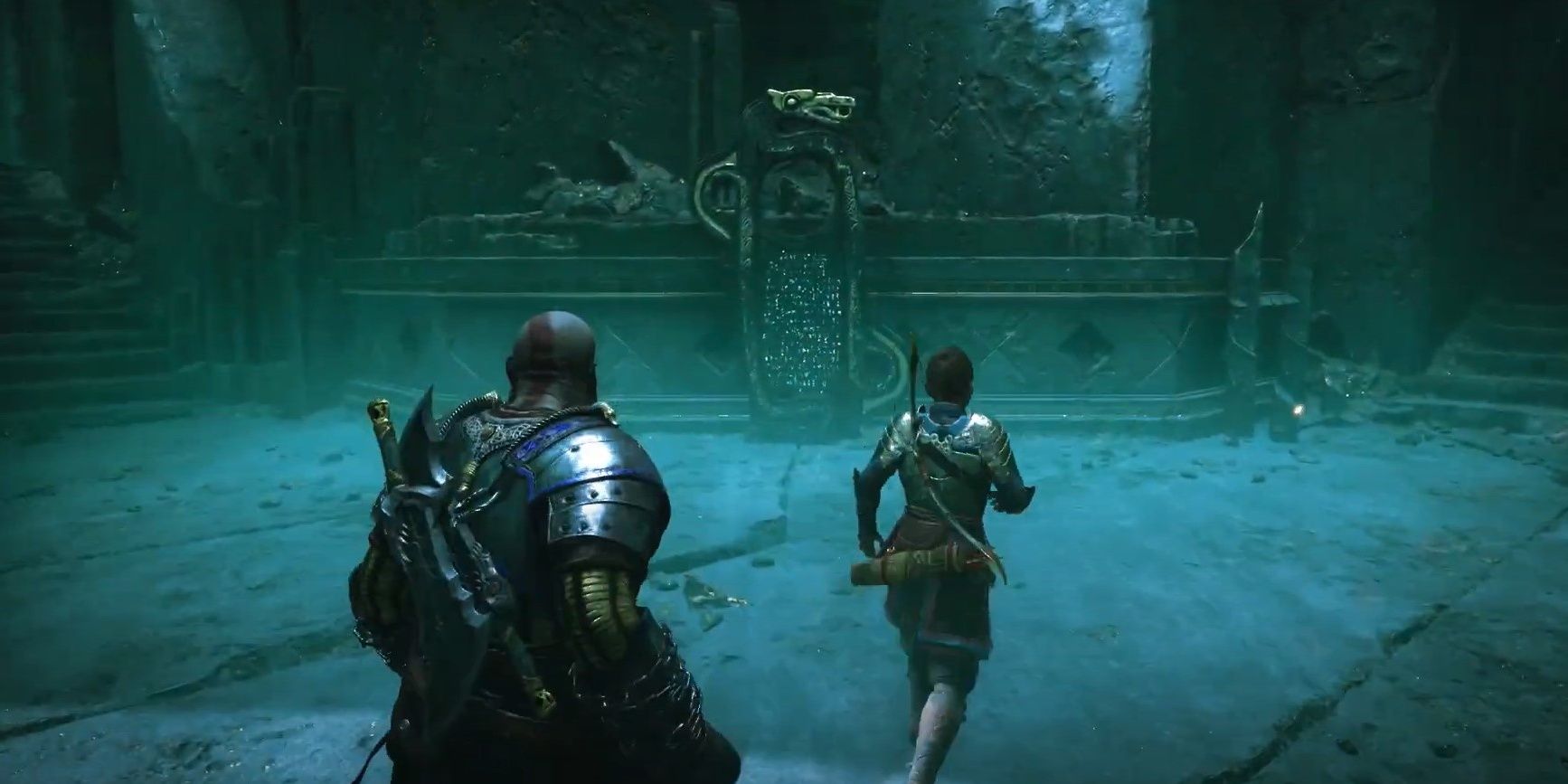Kratos and Atreus approaching a Lore Marker in Helheim