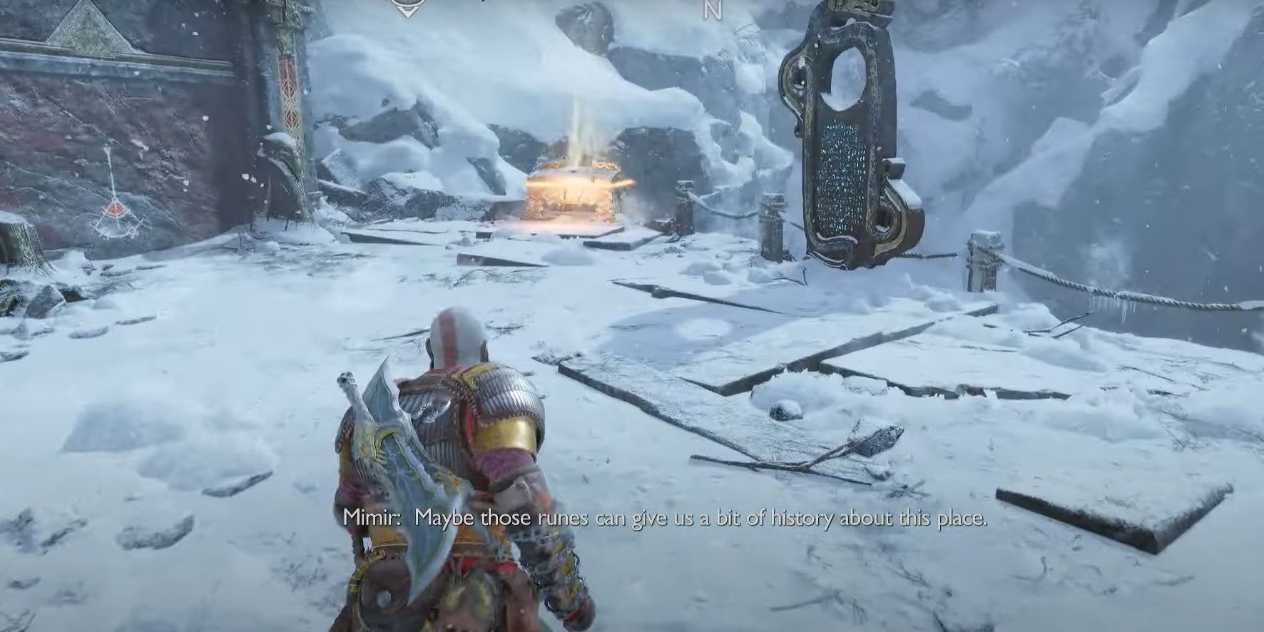 Kratos approaching a chest and a lore marker