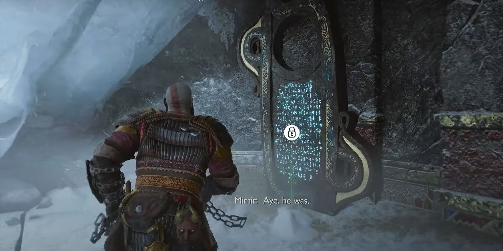 Kratos approaching a lore marker in midgard