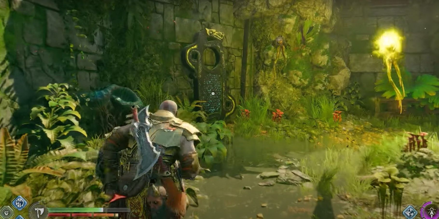 Kratos approaching a lore marker in the Vanir Shrine-1