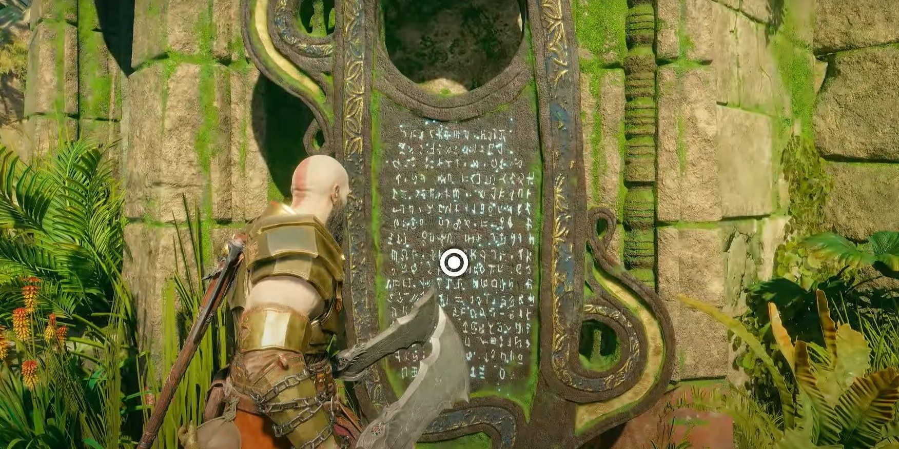 Kratos approaching a lore marker in the Vanir Shrine-3