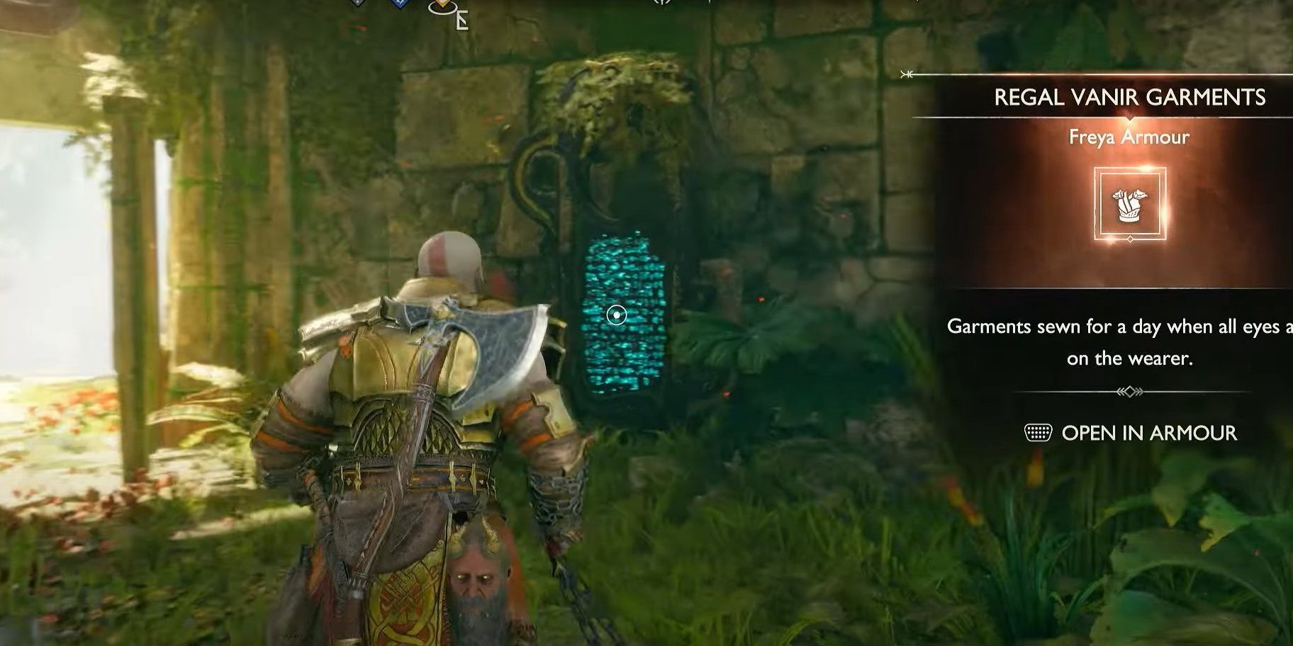 Kratos approaching a lore marker in the Vanir Shrine-4