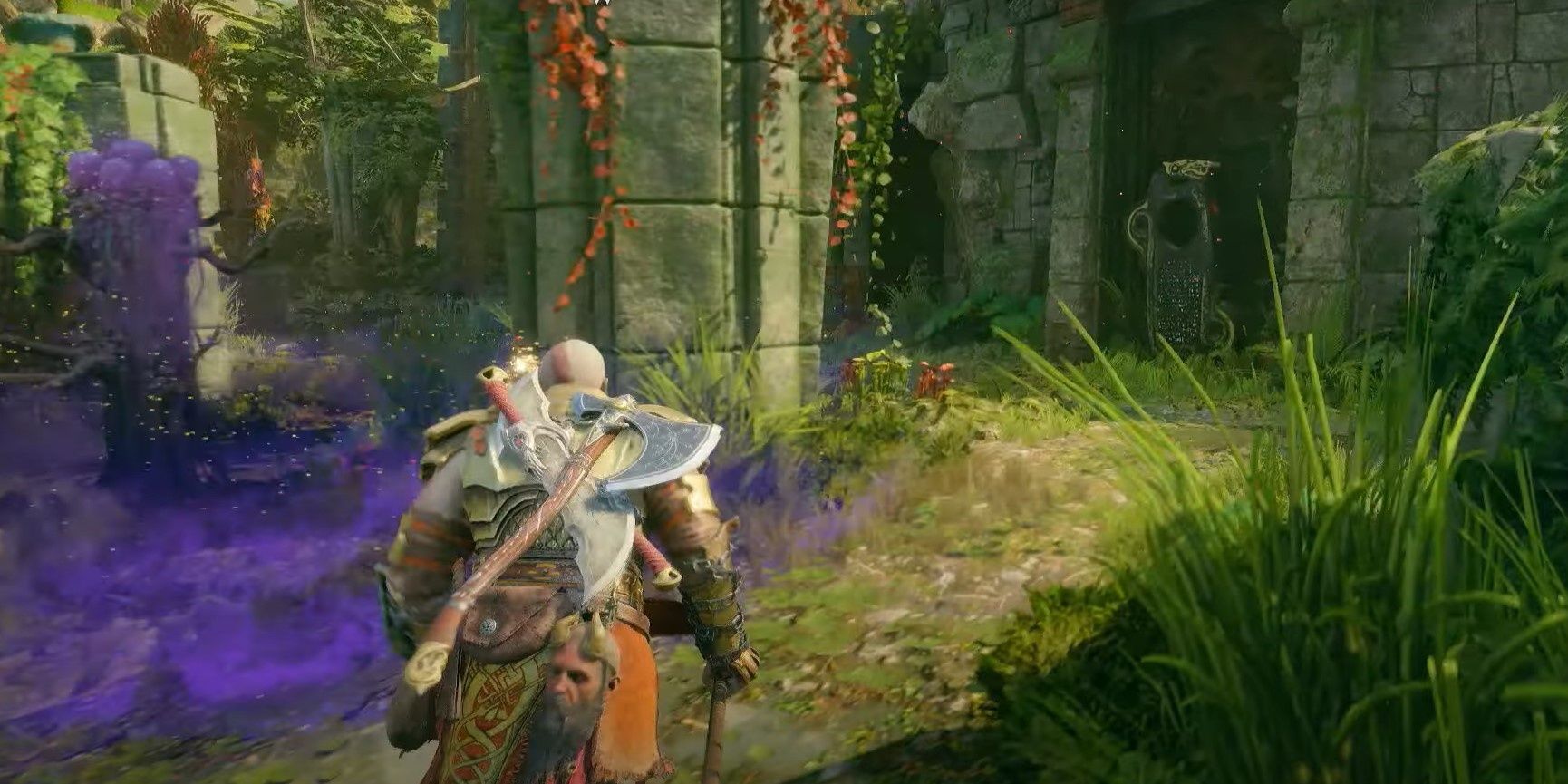 Kratos approaching a lore marker in the Vanir Shrine