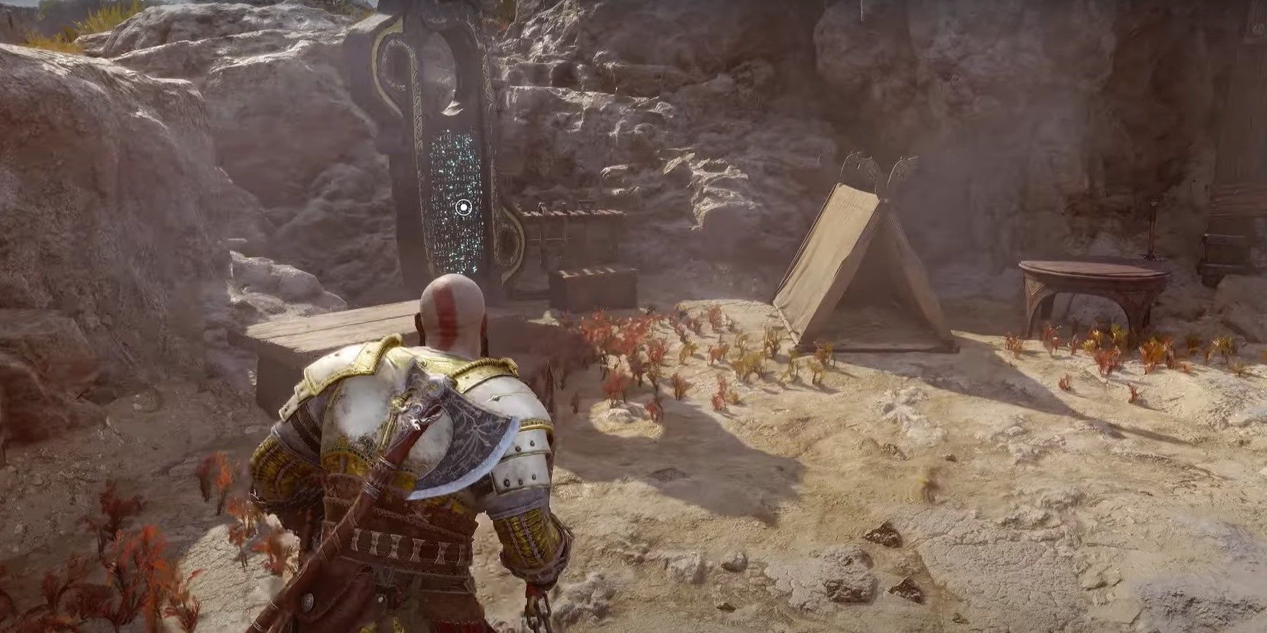 Kratos approaching Lore Marker in Aurvangar Wetlands