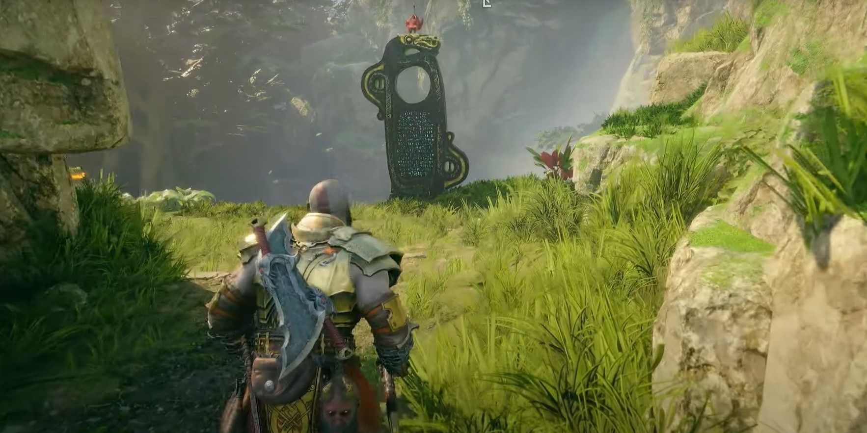 Kratos approaching Lore Marker in Cliffside Ruins