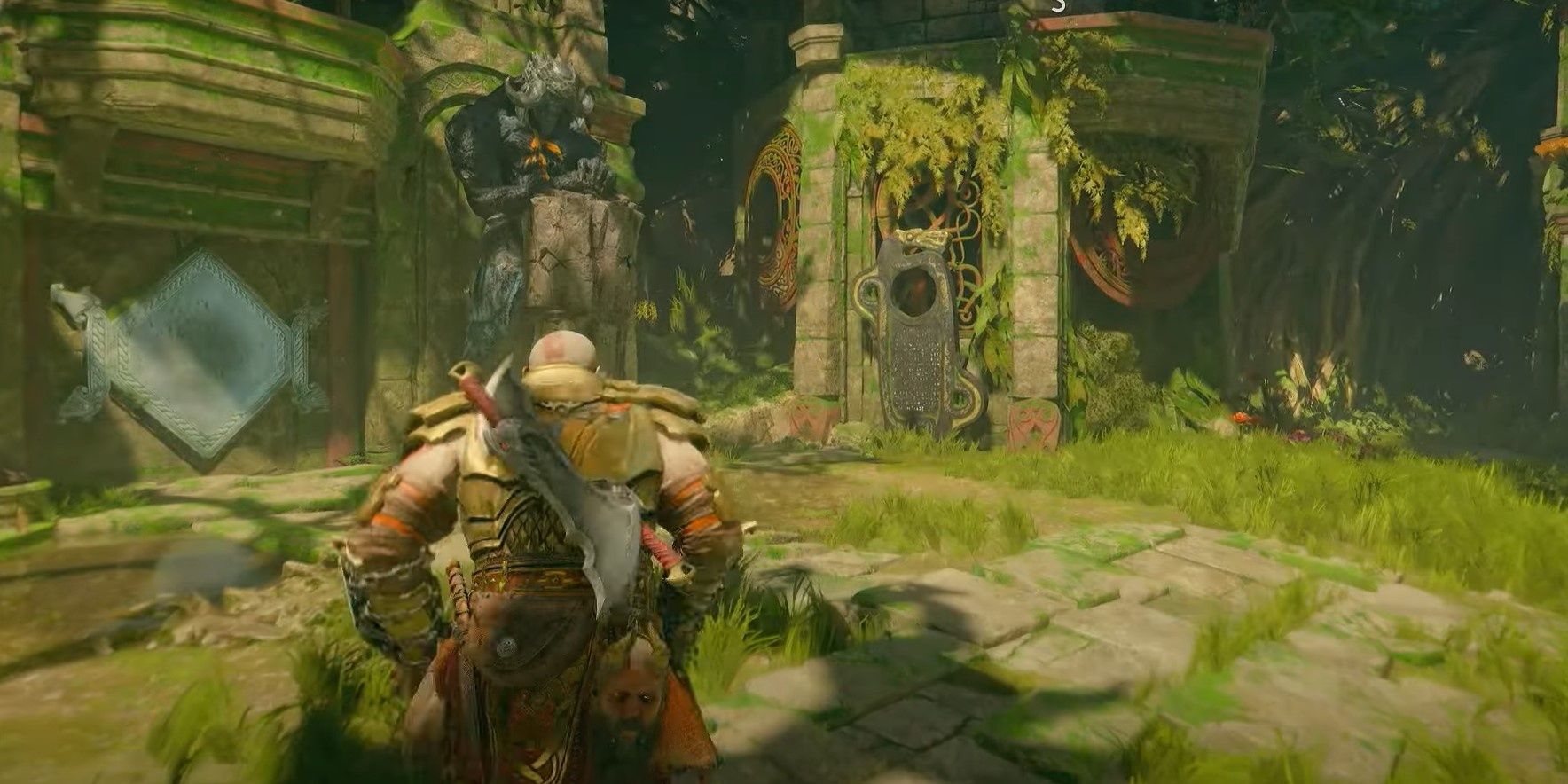 Kratos approaching lore marker in Noatun's Garden