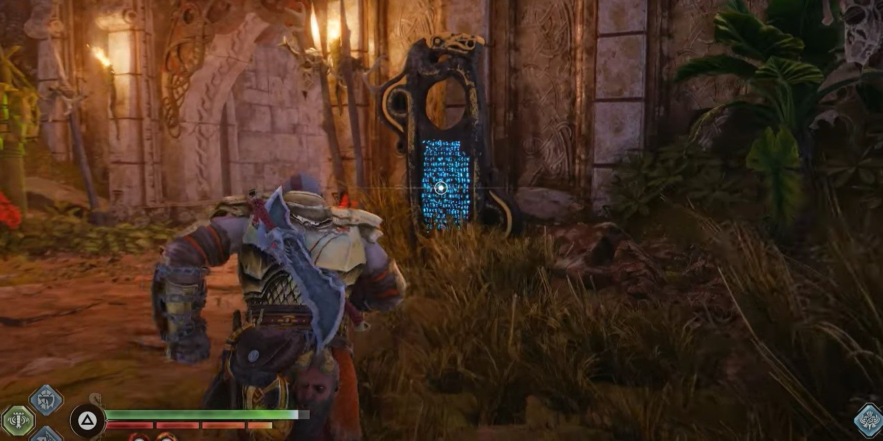 Kratos approaching Lore Marker in the Sinkholes region