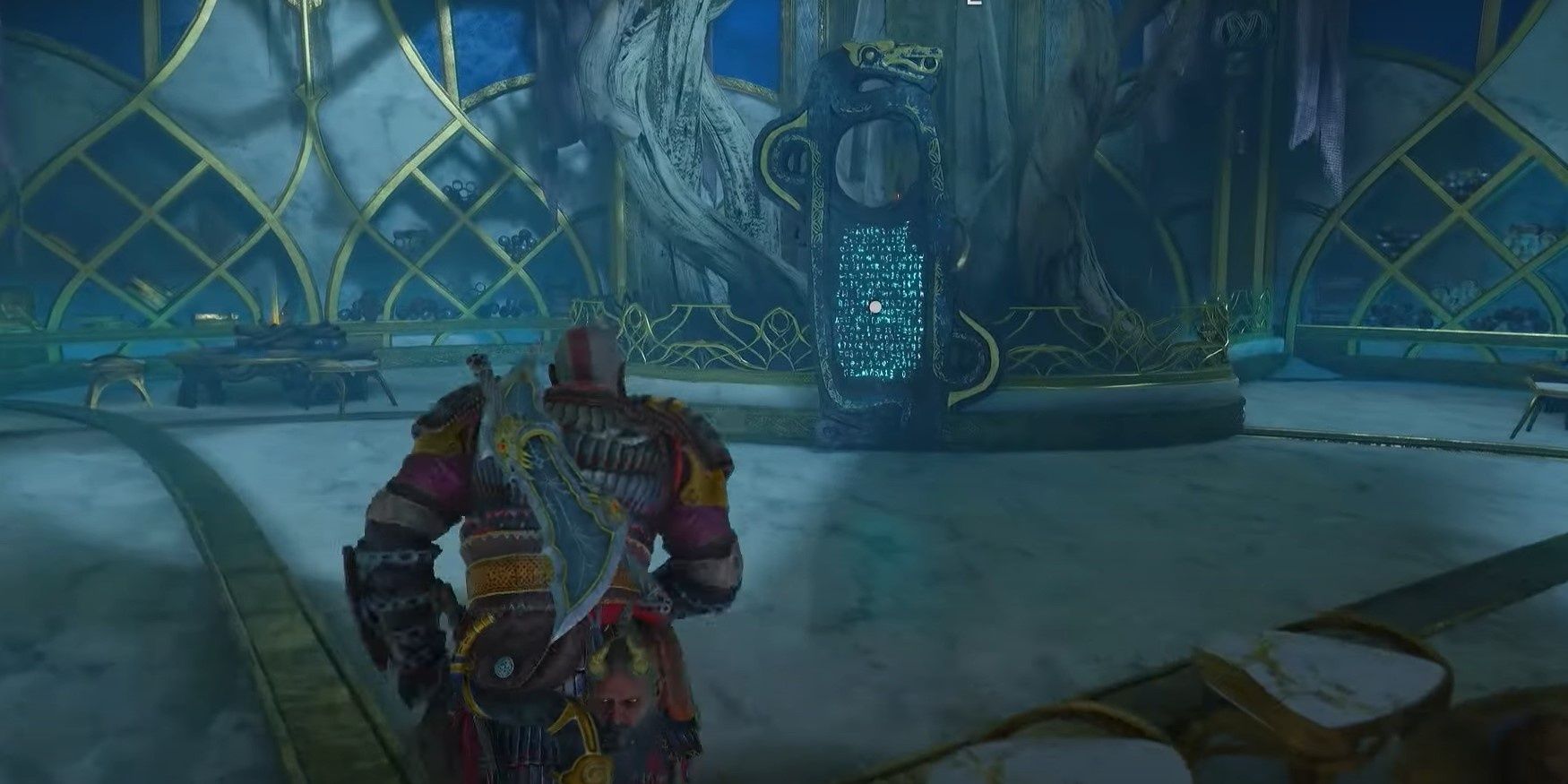 Kratos approaching the lore mark in the Elven building