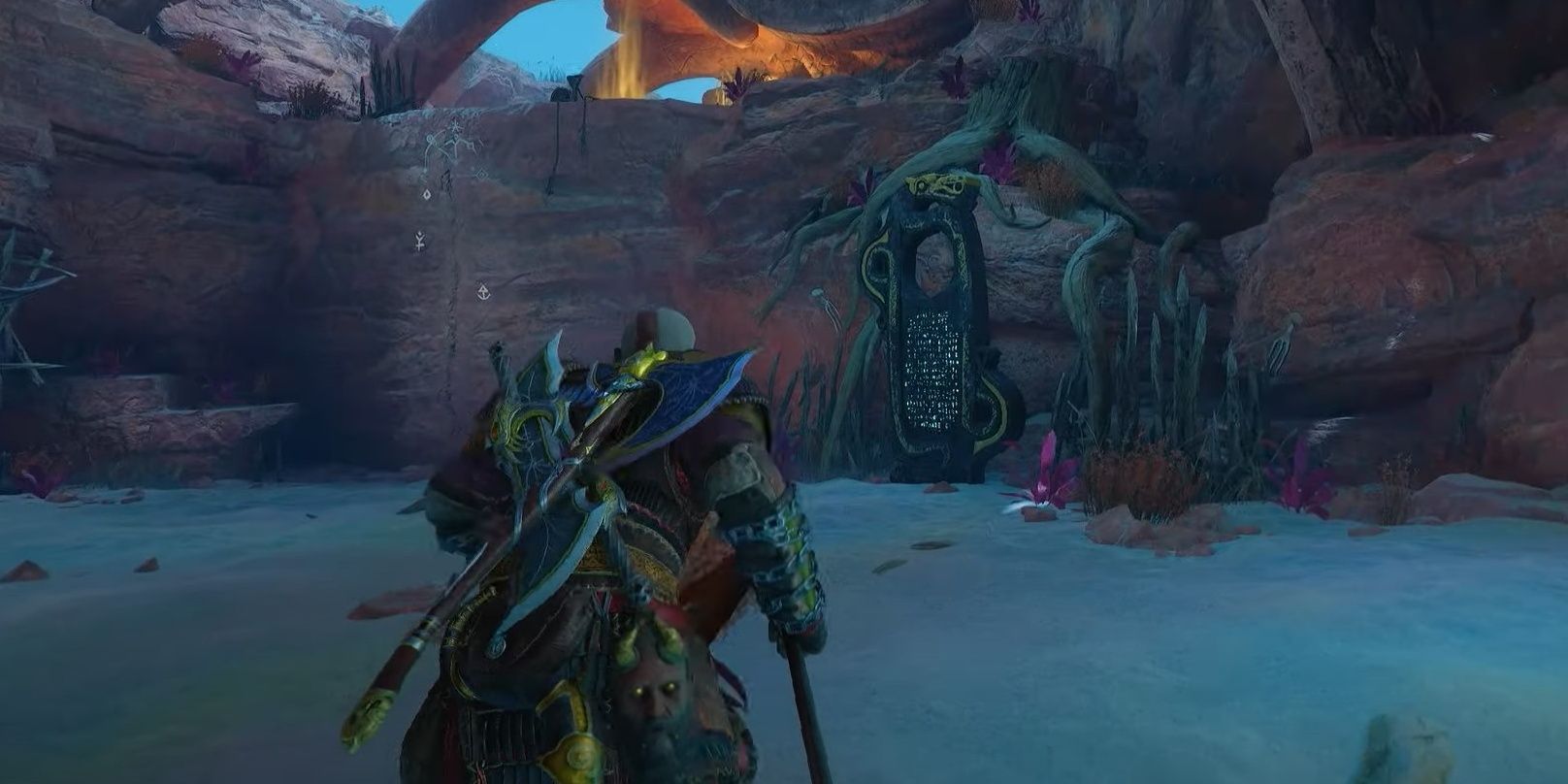 Kratos approaching the Lore Marker in the Dragon skeleton