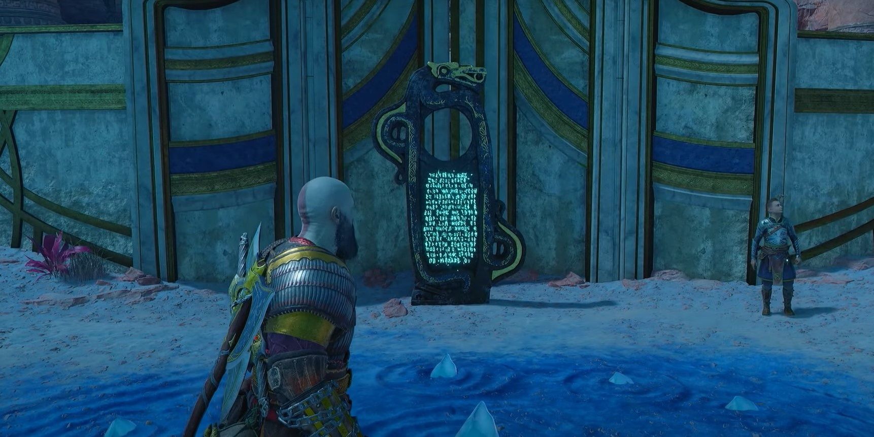 Kratos at a Lore Marker near Freyr's statue