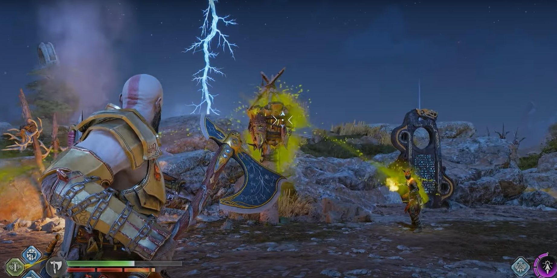 Kratos fighting enemies approaching Lore Marker