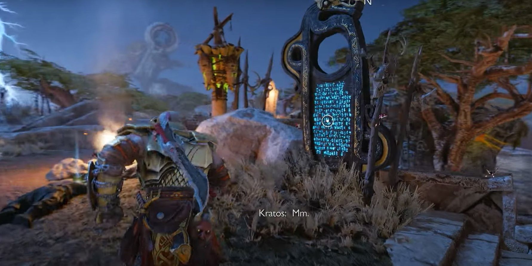 Kratos going up stairs to approach Lore Marker in the Crater region