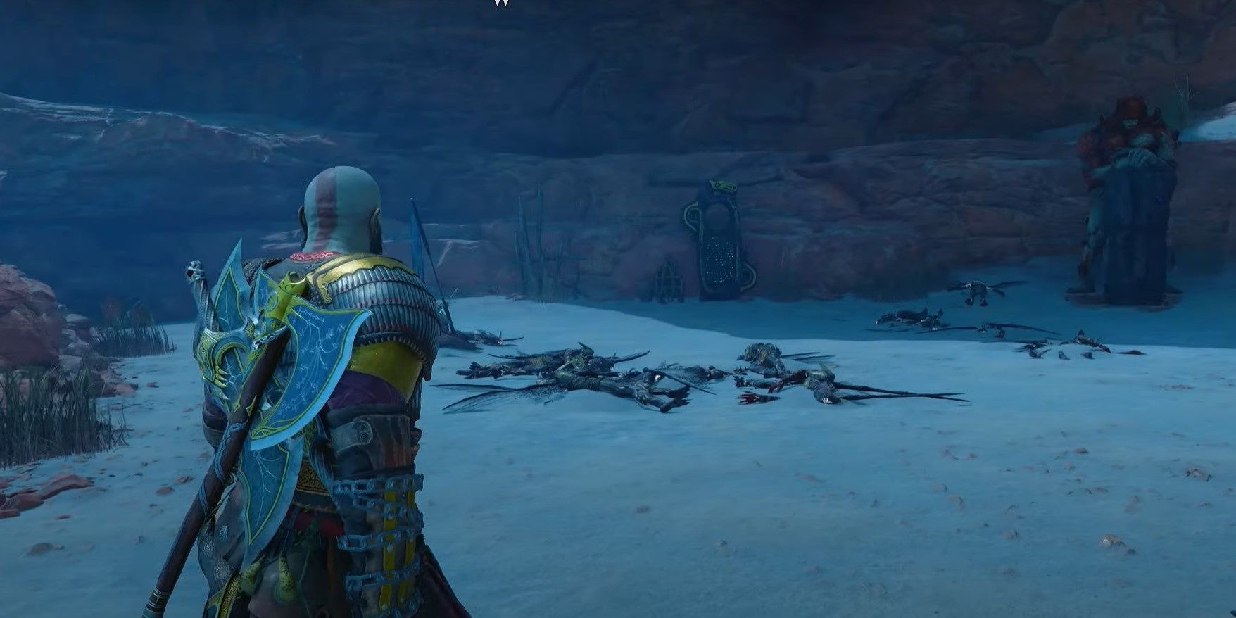 Kratos in front of a troll and Lore Marker