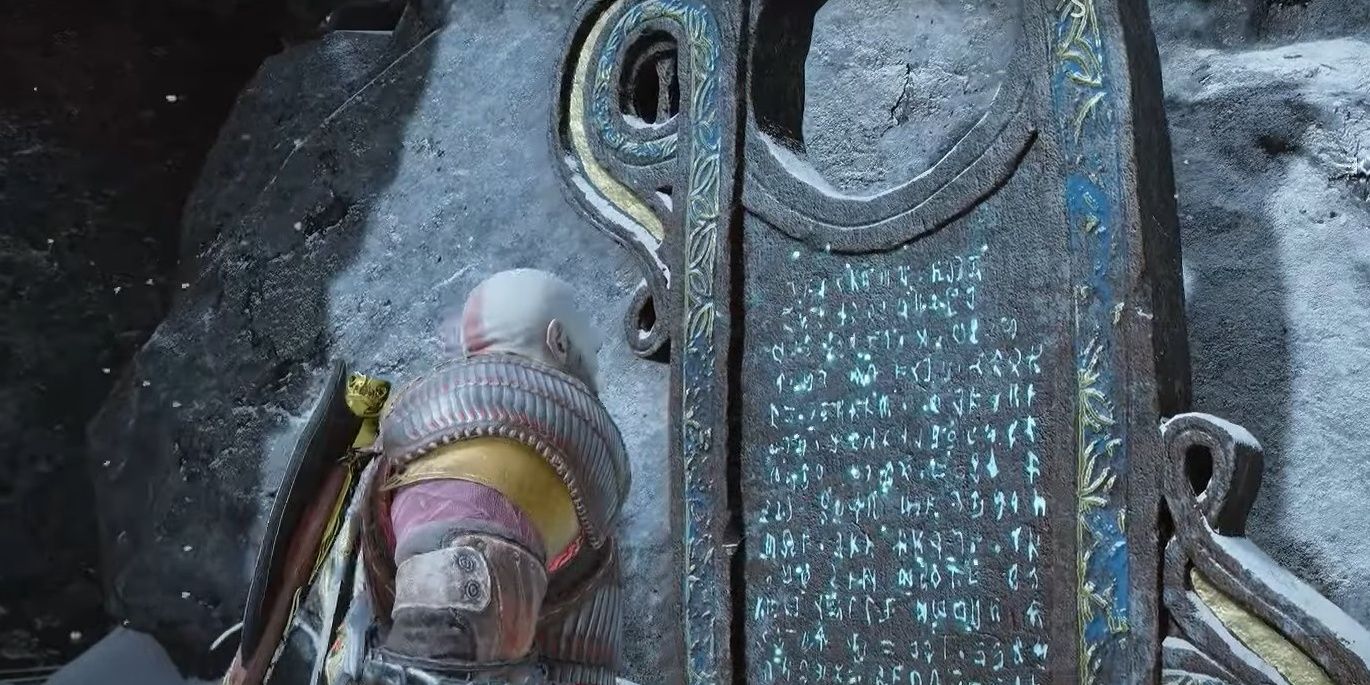 Kratos reading a Lore Marker